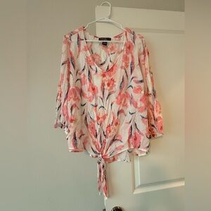 Floral Tie-Front Blouse in Coral and Navy - Women Tops